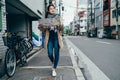 Tourist holding travel map in osaka city japan Royalty Free Stock Photo