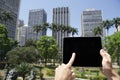 Tourist Holds Touchscreen Tablet Sao Paulo Brazil City Center