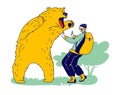 Tourist or Hunter Male Character Attacked with Bear. Danger from Wild Animals during Traveling and Outdoor Recreation