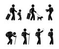 Tourist icon, travel with children, traveler with a dog, stick figure people pictograms, character set Royalty Free Stock Photo