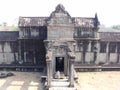 A tourist inside the Angkor Wat temple in the Khmer temple complex of Angkor