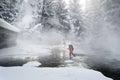 Tourist journey in a snowy canyon