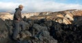 Tourist at Landmannalaugar lava field