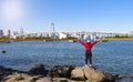 Tourist with landscape view at Daiba beach and Rainbow bridge at Tokyo Japan