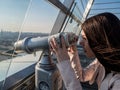 Tourist look observant binoculars telescope on panoramic view Royalty Free Stock Photo