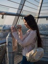 Tourist look observant binoculars telescope on panoramic view Royalty Free Stock Photo