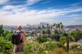 Tourist looking at the downtown panorama of Los Angeles Royalty Free Stock Photo