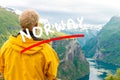 Tourist looking at Geirangerfjord from Flydasjuvet viewpoint Norway Royalty Free Stock Photo