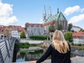 Tourist looks at the city Goerlitz