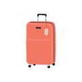 Tourist luggage with bag tag attached to handle. Wheeled baggage, travel case for holiday, tourism, voyage, journey