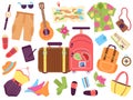 Tourist luggage. Traveller vacation bags, cartoon suitcases and summer stuff. Doodle travel bag, clothes and shoes