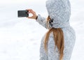 Tourist makes selfies on a high mountainside