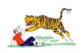 Tourist Male Character Attacked with Tiger in Forest. Danger from Wild Animals Concept. Unexpected Situation in Nature