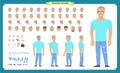 Tourist male, vacation traveller character creation set. Full length, Front, side, Cartoon flat-style infographic vector isolated