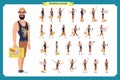 Tourist male, vacation traveller character creation set. Full length, views, emotions, gestures, white background.