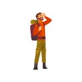 Tourist man with backpack, outdoor adventures, travel, camping, backpacking trip or expedition vector Illustration
