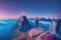 Tourist man hiker standing on top of the mountain with backpack, generative ai. Active life concept Royalty Free Stock Photo