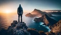 Tourist man hiker on top of the cliff on the sea. Active life concept, illustration ai generative Royalty Free Stock Photo