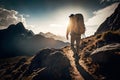 Tourist man hiker on top of the mountain at sunset. Active life concept, illustration ai generative Royalty Free Stock Photo