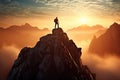 Tourist man hiker on top of mountain on the sunset