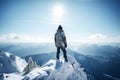 Tourist man hiker on top of the snowy mountain. Active life concept, illustration ai generative Royalty Free Stock Photo