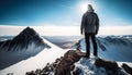 Tourist man hiker on top of the snowy mountain, looking panorama. Active life concept, illustration ai generative Royalty Free Stock Photo