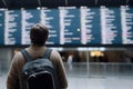 Tourist man looking at flight schedules for checking take off time