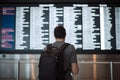 Tourist man looking at flight schedules for checking take off time