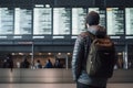 Tourist man looking at flight schedules for checking take off time