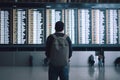 Tourist man looking at flight schedules for checking take off time