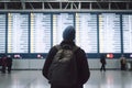 Tourist man looking at flight schedules for checking take off time