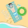 Tourist Man Lying On Beach Top Angle View Hello Summer Vacation Tropical Seaside Ocean