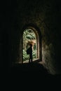 Tourist man ruins fort architecture arch columns