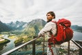 Tourist man sightseeing aerial mountains adventure Travel Royalty Free Stock Photo