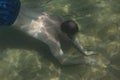 Tourist man in swimming sports glasses swimming underwater in the Aegean Sea on the coast of Sithonia Peninsula Royalty Free Stock Photo