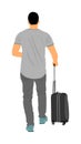 Tourist man traveler carrying his rolling suitcase vector illustration isolated on background. Business man with many bags. Royalty Free Stock Photo