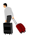 Tourist man traveler carrying his rolling suitcase vector illustration isolated on background. Business man with many bags. Royalty Free Stock Photo