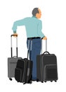 Tourist man traveler carrying his rolling suitcase vector  illustration isolated on white background. Tourist with many bags Royalty Free Stock Photo