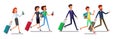Tourist man and woman running. Traveling people in trip wear with luggage hurry, late for plane or registration. Front