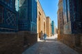 Tourist in Mausoleums of the Shakhi Zinda complex in Samarkand, Uzbekistan