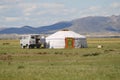 Tourist mini bus parked at the yurt, circa Harhorin, Mongolia.