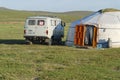 Tourist mini bus parked at the yurt, circa Harhorin, Mongolia.