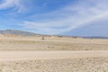 Tourist motorcyclist in the steppes of the Mongolian Altai