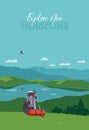 Tourist mountain hiking flat color vector poster