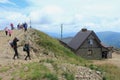 Tourist in mountain shelter, Bieszczady Mountains, Poland Royalty Free Stock Photo