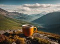 tourist mug with hot coffee against the backdrop of mountains on a hike