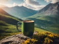 tourist mug with hot coffee against the backdrop of mountains on a hike