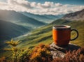 tourist mug with hot coffee against the backdrop of mountains on a hike