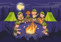 Tourist night campfire. Children roast marshmallow fire. Young scouts on nature. Forest gatherings sit around bonfire Royalty Free Stock Photo