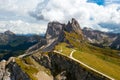 Tourist observation point overlooking Seceda ridgeline Royalty Free Stock Photo